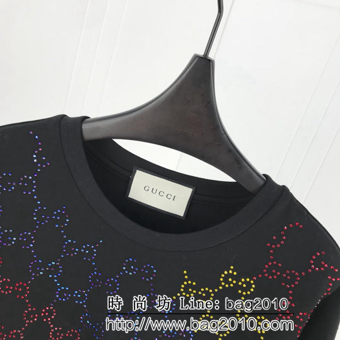 GUCCI古馳 19ss春夏新秀款 全身雙G燙鑽工藝 短袖T-shirt 三色鑽漸變效果 男女同款 ydi2400